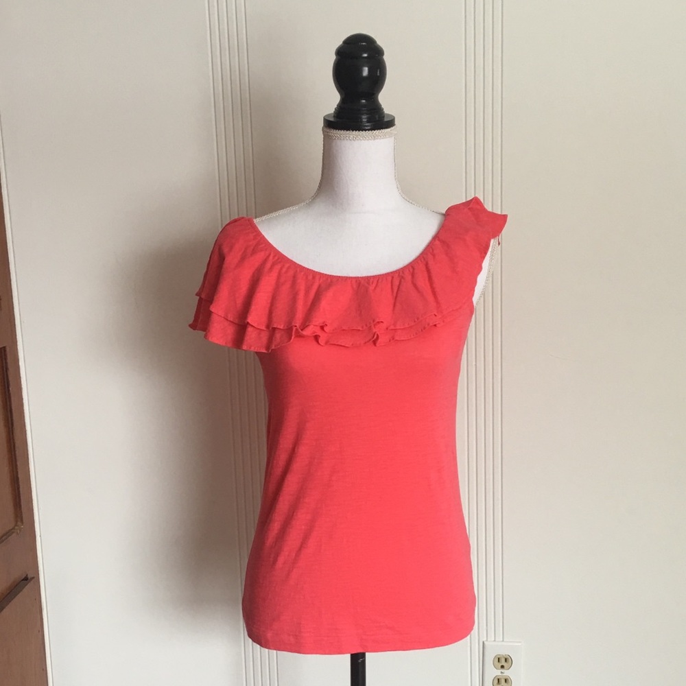 Small Lilly Pulitzer Coral Pink Top Shirt Ruffle Neckline
